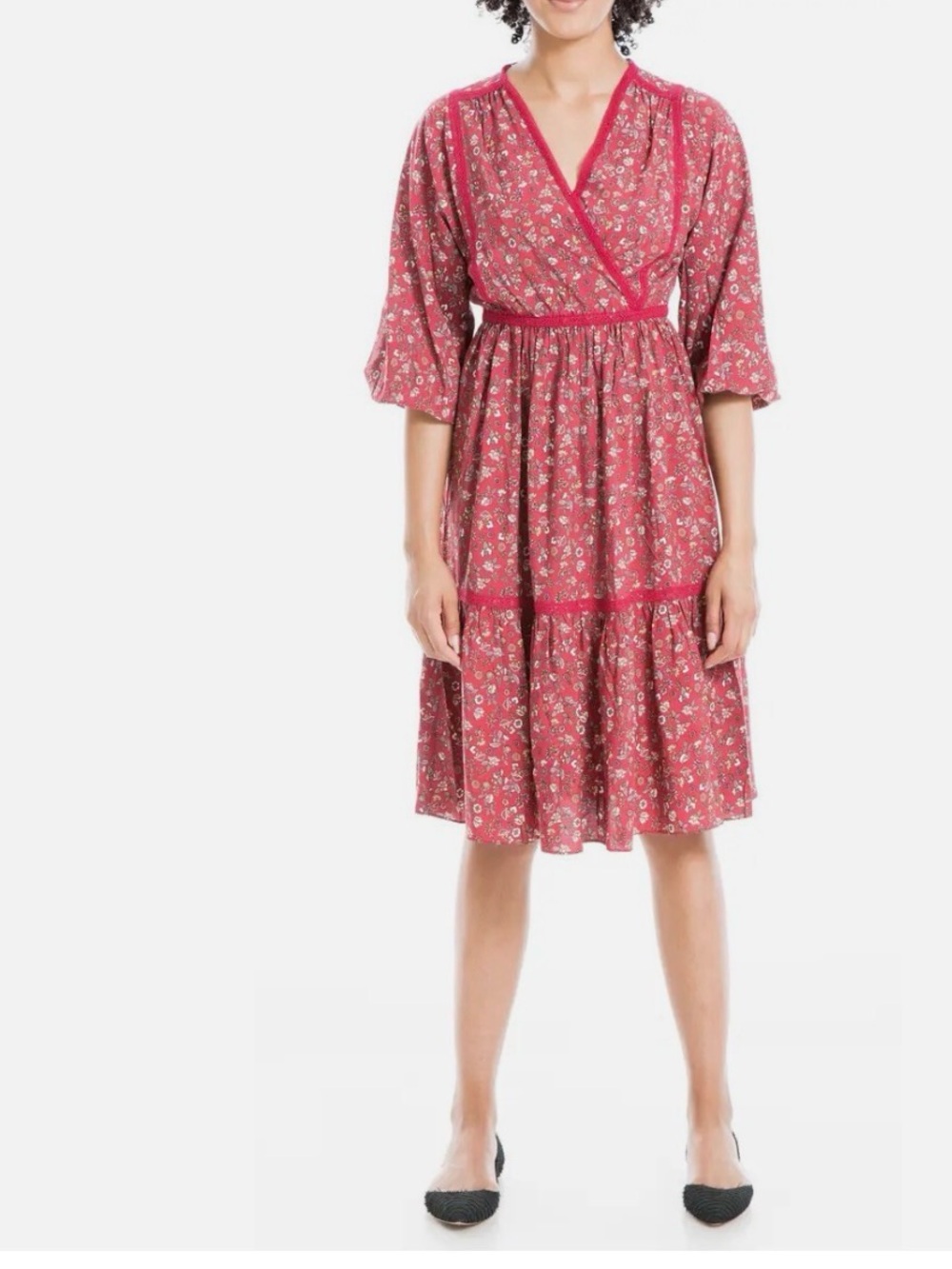 Max Studio Women's Surplice Midi Dress Size Red Floral L
